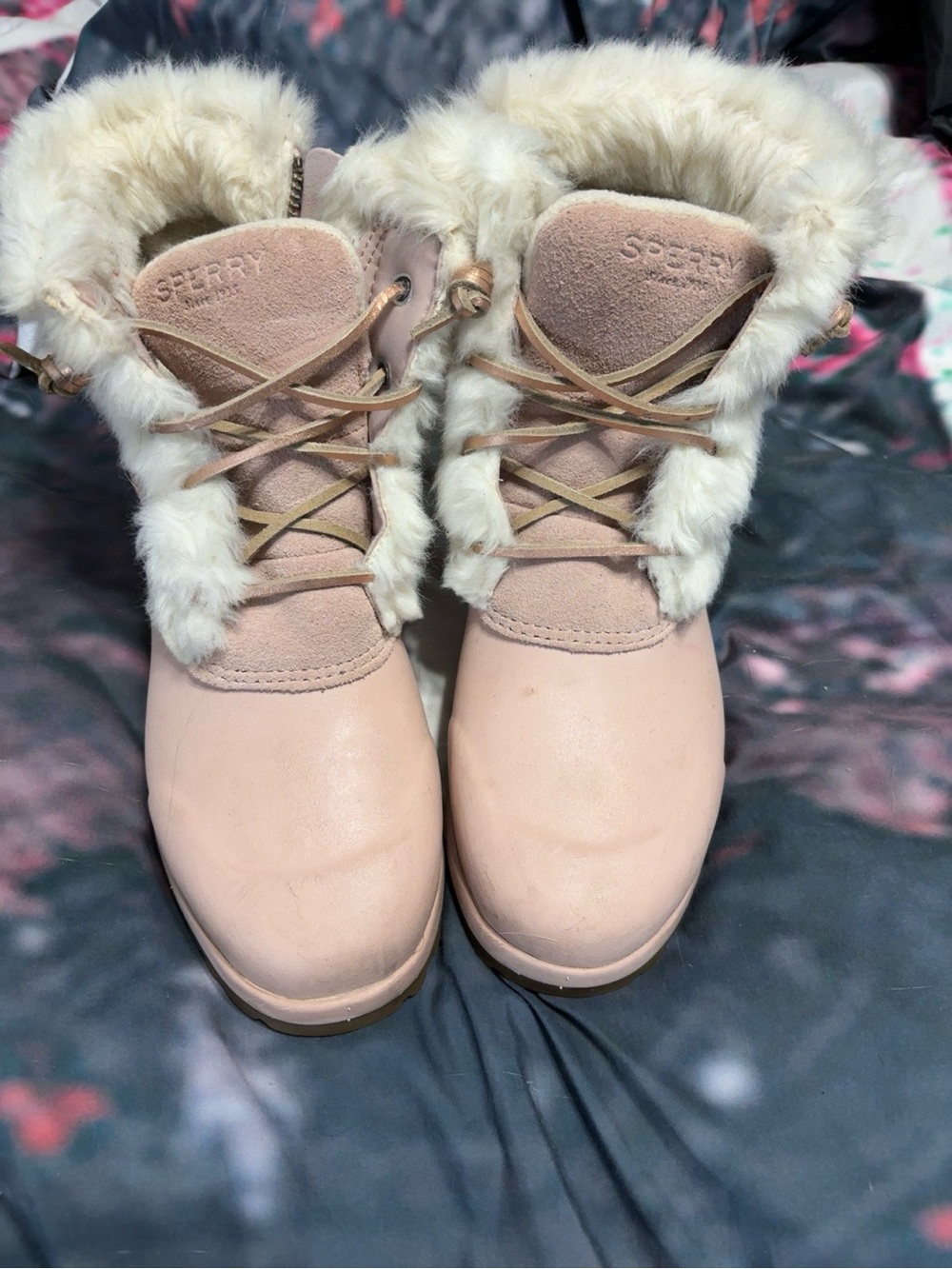 Sperry Women's Blush Pink Faux-Fur Lace-Up Waterproof Boots